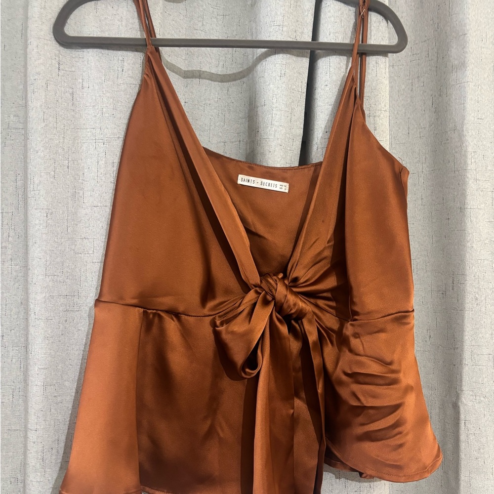 Brown/Rust Orange Satin Tie-Front Top